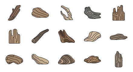 Collection of Fifteen Diverse Driftwood Pieces:  Brown, Gray, and Beige Tones, Varied Shapes and Textures