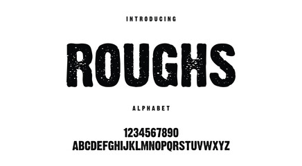 ROUGHS alphabet with numbers, Brush, Grunge style,. Font with organic texture. Black vector illustration on a white background.