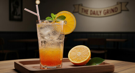 A refreshing orange-flavored soda in a tall glass, garnished with mint and orange slices, at a cafe.