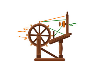 A brown spinning wheel with green  orange yarn stands out on a white background