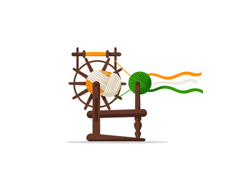 A charkha spinning wheel with yarn in the colors of the Indian flag