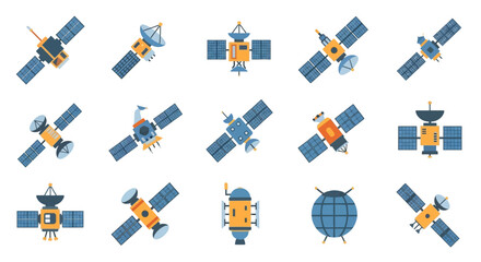 Collection of Flat Design Satellites with Solar Panels and Antennas