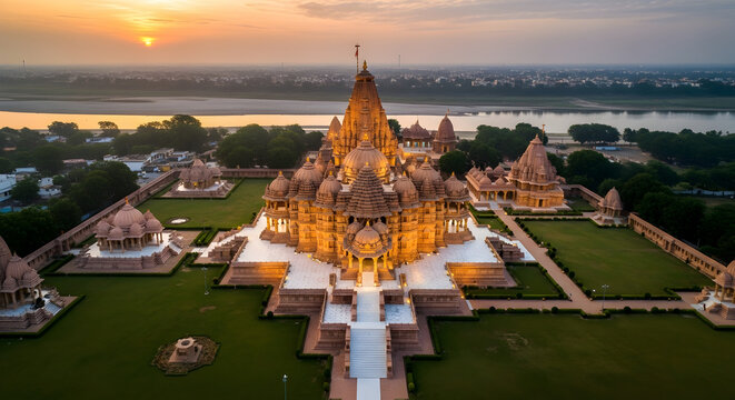 Grand Golden Temple at Sunset: Aerial View of Chhatarpur Temple, Delhi