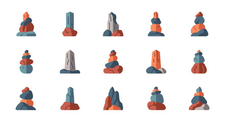 Collection of flat vector icons showing balanced stacked stones, cairns, and monoliths in a minimalist style with an earthy color palette.