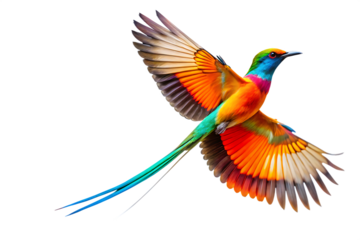 Colorful bird with a long tail is flying in the a isolated on white background
,PNG.AI Generated.