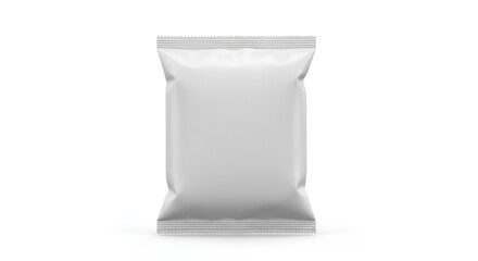 A single white blank sealed package or pouch standing upright on a white surface in a studio setting