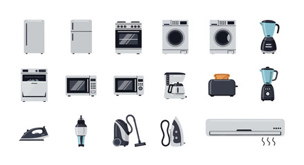 Collection of Household Appliances and Kitchen Electronics in a Flat Vector Icon Set