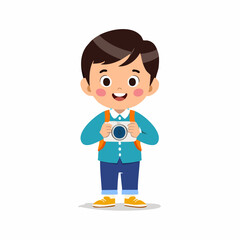 Flat style vector icon of a kid with camera, symbolizing childhood passion for photography.