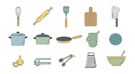 Collection of Illustrated Kitchen Utensils, Tools, and Cooking Equipment.