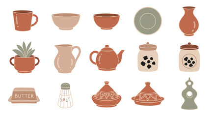 Collection of Illustrated Kitchenware and Decorative Elements in Earth Tones