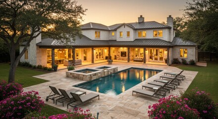 Fototapeta premium Modern Stone and Stucco Home with Pool, Spa, and Covered Outdoor Living Area