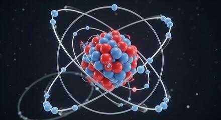 A detailed rendering of an atom model with orbiting electrons on a dark background illustration art