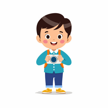 Flat style vector icon of a kid with camera, symbolizing childhood passion for photography.