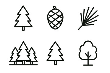 Minimalist nature icons featuring trees, pinecone, and leaf designs