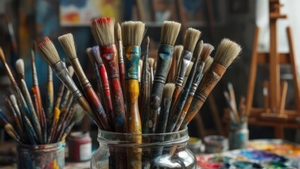 Fototapeta premium A Painter's Bouquet: Well-Used Brushes in a Jar, Bathed in Soft Studio Light