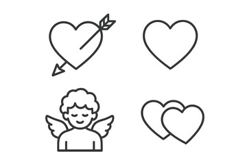 Heart icons collection: cupid, arrow, love symbols in minimalist style