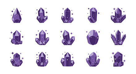 Collection of Purple Geometric Crystals with Sparkles, Vector Graphics