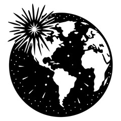 Earth surrounded by fireworks silhouette vector illustration