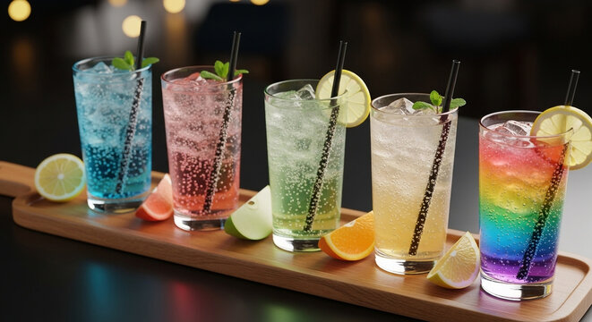 Six vibrant rainbow-colored sparkling sodas, garnished with citrus and mint, displayed on a wooden tray.