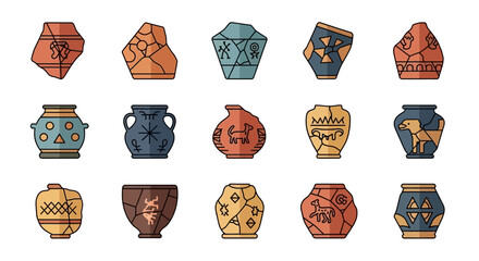 Collection of stylized ancient pottery shards and vessels with geometric and animal designs