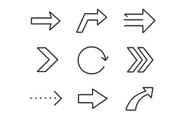 Collection of simple black outline arrow icons in various designs