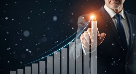 Business Growth Concept with Glowing Finger and 3D Bar Graph Illustration  
