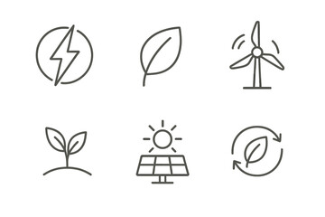 Eco symbols: energy, sustainability, wind, solar, recycling, nature icons