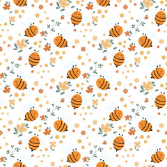 Cute seamless pattern with flowers and bees