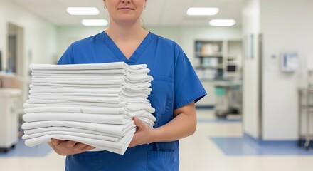 Medical professional in blue scrubs carefully holding a large, freshly laundered stack of clean white linens for patient care