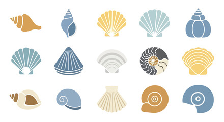 Collection of Stylized Seashells in Various Shapes and Colors