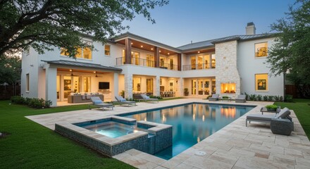 Fototapeta premium Contemporary Luxury Villa with Outdoor Fireplace, Pool, and Spacious Balcony Design