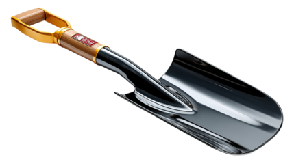 Shovel: A close-up shot of a shiny new shovel, with a smooth, dark metal blade and a wooden handle, sitting alone against a simple backdrop.