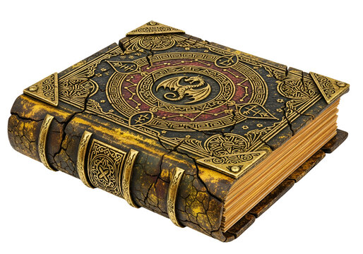 Ancient mystical grimoire with ornate gold and black detailing evoking magic and fantasy themes