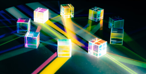 Crystal cube prism with refraction and holographic effect on dark background