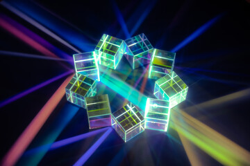 Crystal cube prism with refraction and holographic effect on dark background