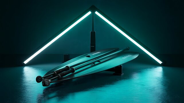 A rowing machine illuminated by neon lights forming a triangle shape in a dark studio setting view silhouette - Powered by Adobe