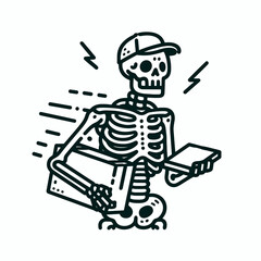 A Skeleton as delivery driver. Retro Vintage Line Art Clipart Silhouette Vector Illustration. Bony figure doing job like parcel carrier in vehicle service.