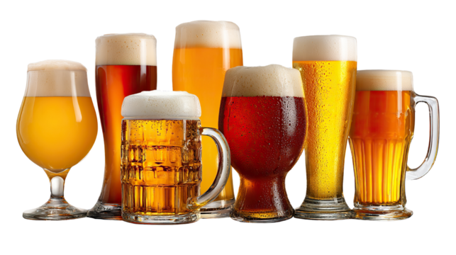 Artisan Brews in a Taproom: A selection of artisanal beers, each in its unique glass, standing ready for a taste test. The varied golden hues and the foamy textures present a visual feast. 