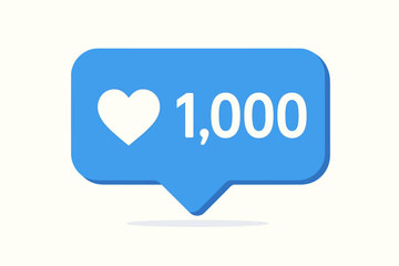Social media likes counter. 1000 likes notification with heart icon. Blue bubble for follower engagement, online popularity, and success. Communication message. Vector.