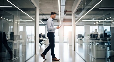 Confident businessman walks purposefully through a sleek, modern corporate office hallway, intently focused on his mobile phone screen.