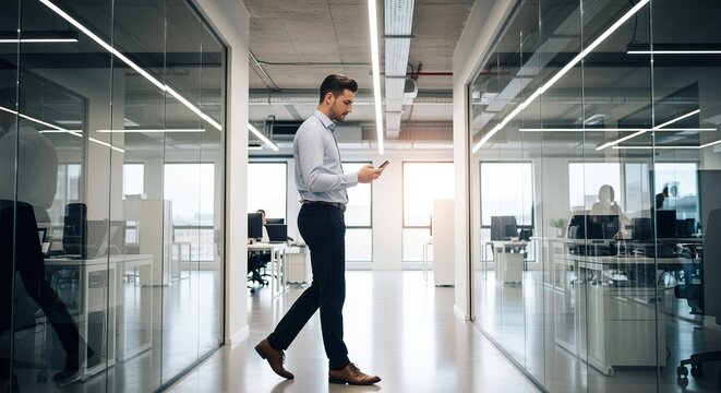 Confident businessman walks purposefully through a sleek, modern corporate office hallway, intently focused on his mobile phone screen.