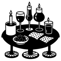 Table with candles snacks and glasses silhouette vector illustration