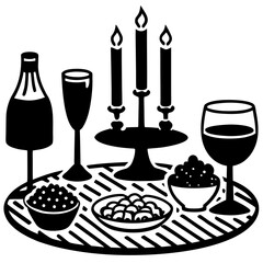 Table with candles snacks and glasses silhouette vector illustration