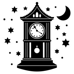 Clock striking midnight silhouette vector illustration