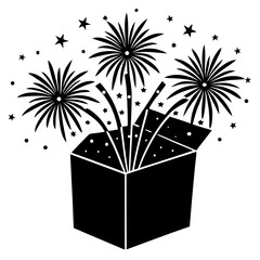 Fireworks coming out of gift box silhouette vector illustration