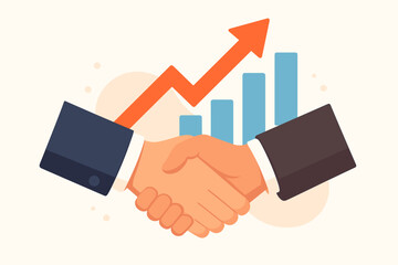 Business partnership and teamwork concept. Handshake agreement with a financial growth chart. An upward arrow shows success, profit, and a successful investment deal.