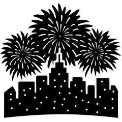 Fireworks exploding in night sky over a city silhouette vector illustration