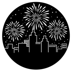 Fireworks exploding in night sky over a city silhouette vector illustration
