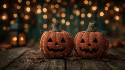 Smiling fabric pumpkins with stitched faces and decorative beads on rustic wooden floor with soft lantern light and blurred Halloween bokeh