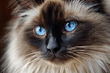 Close-up portrait of a beautiful Ragdoll cat with striking blue eyes and fluffy fur, capturing its serene gaze.